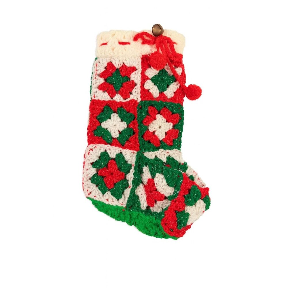 White Granny Square Christmas Stocking 13 Retro Handmade |Vintage Handmade
